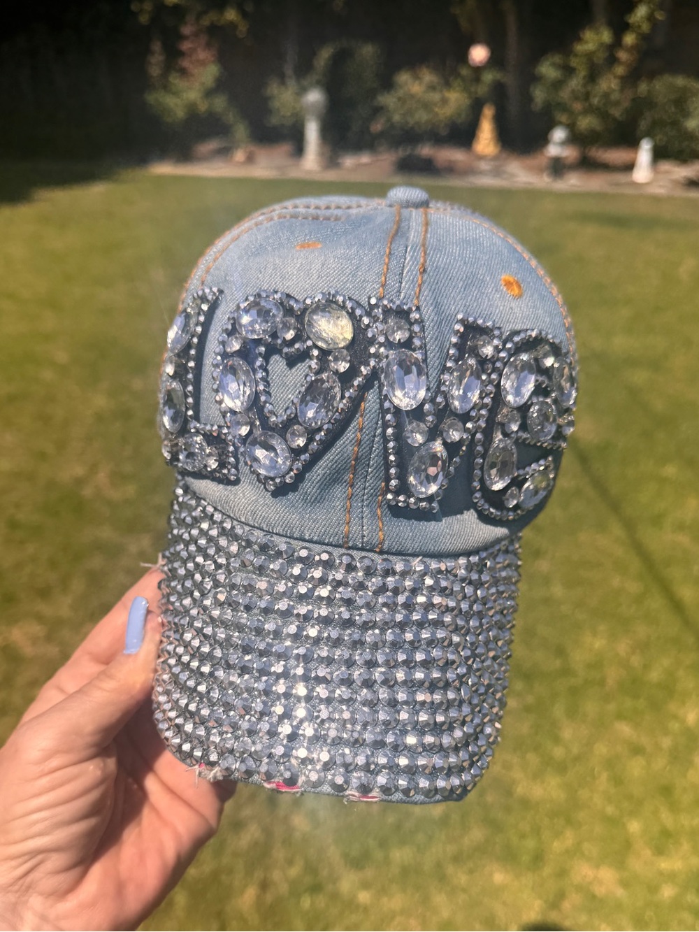 Bling Denim "LOVE" Baseball Cap – Rhinestone Embellished Glam Hat